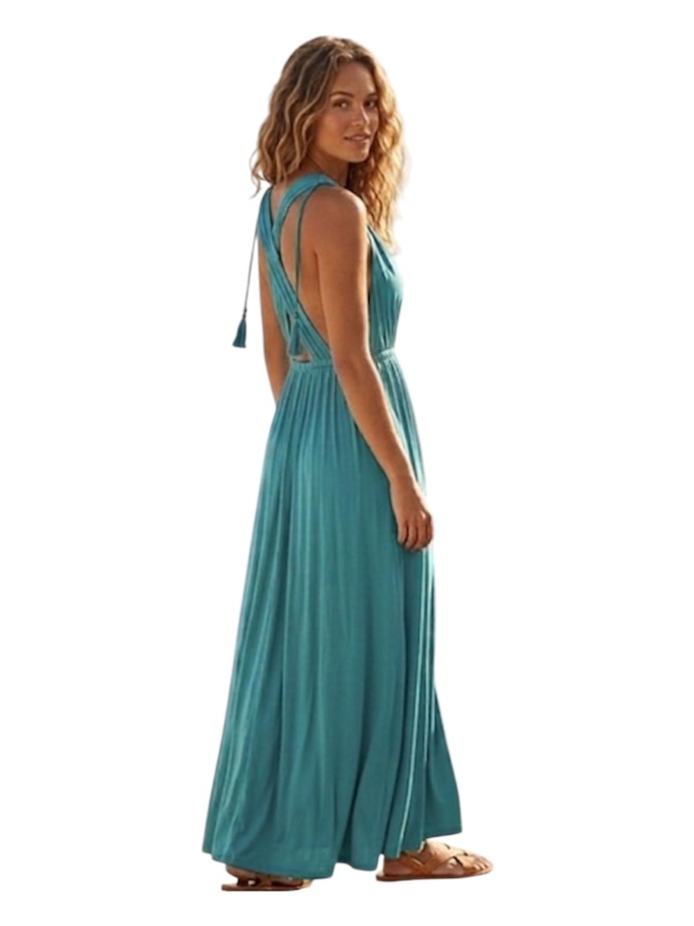 Sleeveless Bohemian Maxi Dress V Neck, Small, Teal